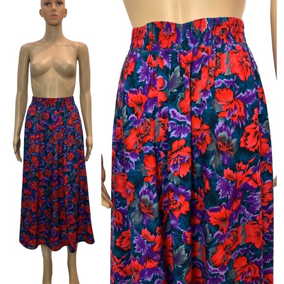 Vintage 80s Purple & Red Floral Rayon Midi Skirt | Full Skirt | Small - Picture 8 of 9